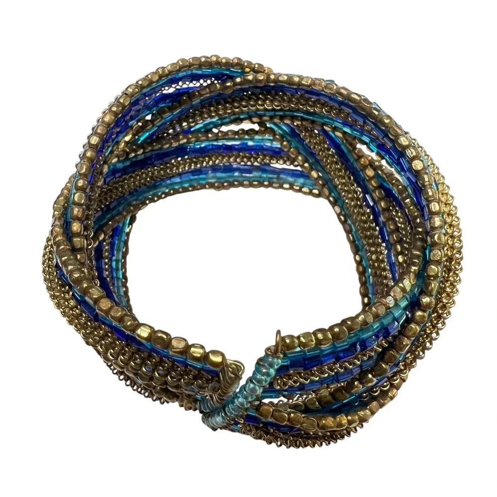 Beaded Cuff Bracelet Blue Gold Tone Statement‎ Bohemian Fashion Jewelry
